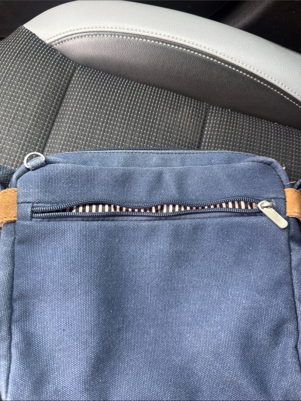 Travelon Navy Blue Canvas Messenger Bag with Tan Accents - Picture 5 of 12